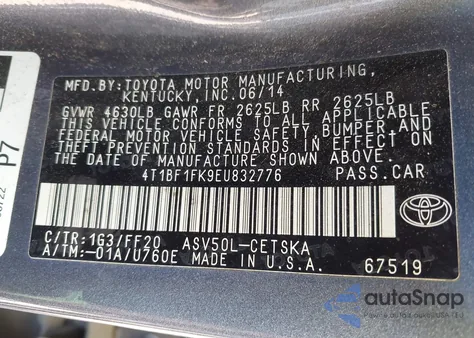 2014 Toyota Camry Se из США, поврежденный, VIN 4T1BF1FK9EU832776